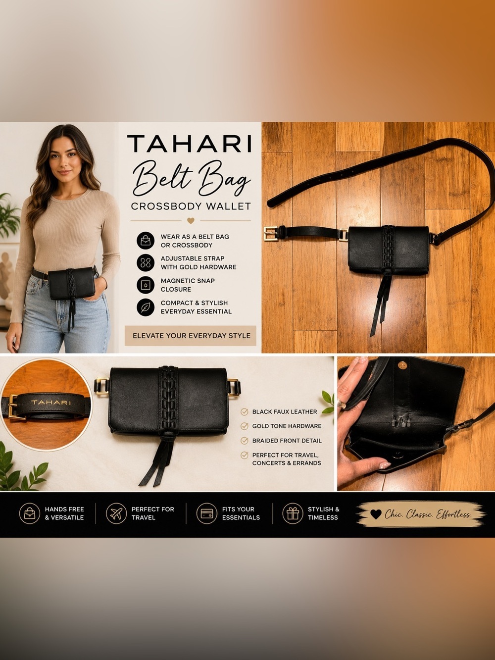 Tahari Black Belt Bag Crossbody Wallet Gold Hardware Faux Leather